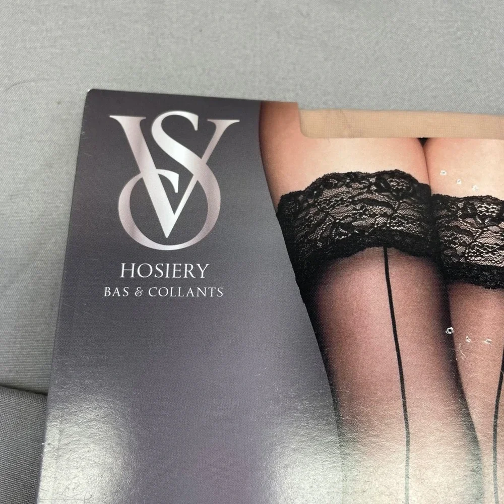 Victorias Secret Lace Top Thigh Highs Back Seam Rhinestone Logo Nude XS 11200497